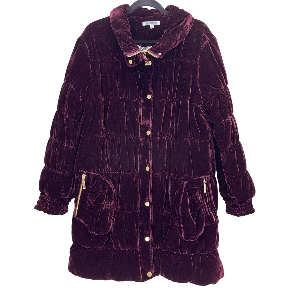 NorthStyle Purple Velvet Puffer Jacket XL Zebra Lining Quilted Zip Snap Coat